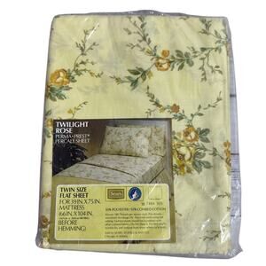 Vintage Sears Twilight Rose Floral Yellow Twin Size Flat Sheet New